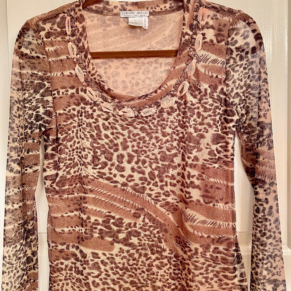 Alberto Makali Leopard Print Scoopneck Sheer Evening Top